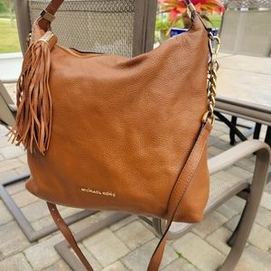 Michael kors, brown Leather, crossbody handbag, tassel and gold accents